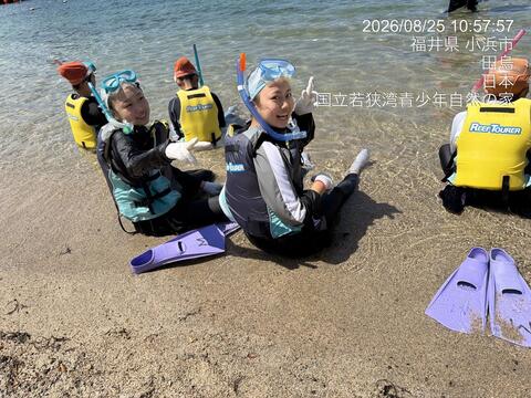 フィンをつけて浜辺で